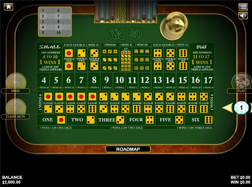 The Sic Bo table has multiple betting options.